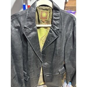 Vtg Kuhlman Black Leather Jacket Women's Size 4 Green Paisley Inside